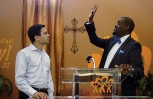Mentor Dr. Michael Waters (D.Min.’12, M.Div.’06, SMU B.A.’02), and David K. Johnson (l), student in an introduction to preachingclass that kicked off the Center For Preaching Excellence’s work in spring 2014, at Joy Tabernacle A.M.E. in Dallas 